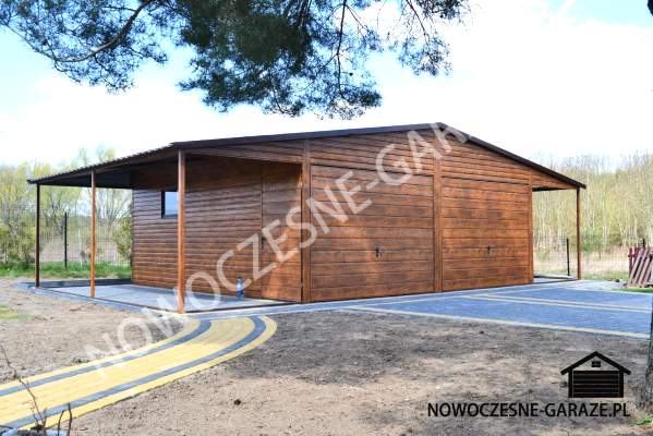 Garaż drewnopodobny 6m x 6m + wiaty , Kolor ścian i bramy: Złoty Dąb Jasny